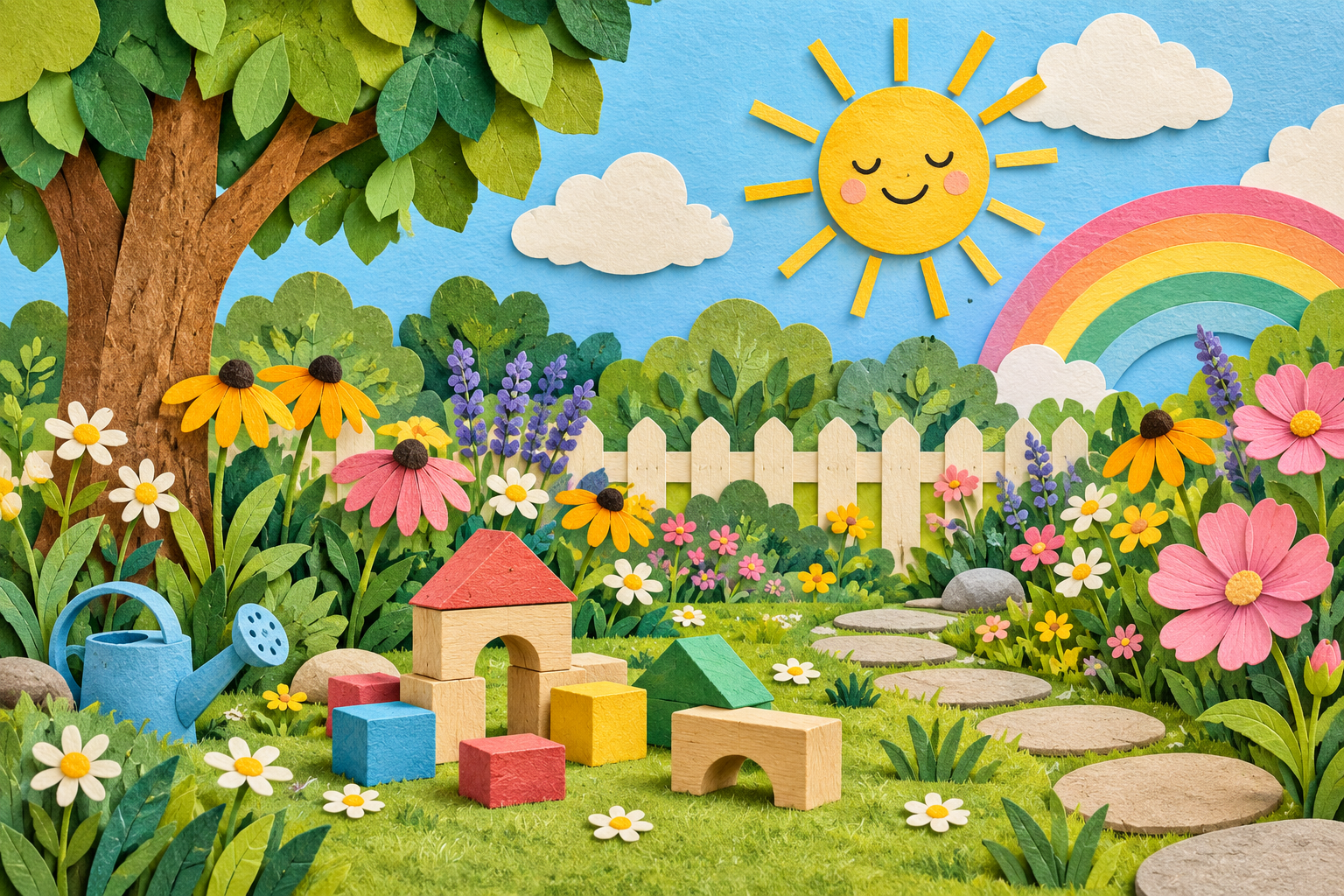 A colourful storybook garden with a rainbow, sunshine, flowers and wooden play blocks